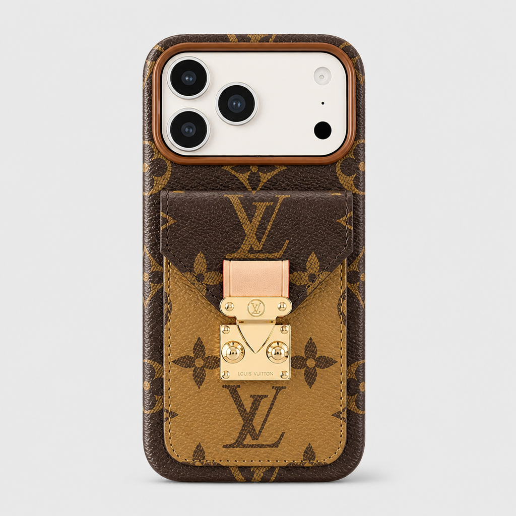 Tan & Brown Floral Monogram with Gold-Tone Clasp — front view.