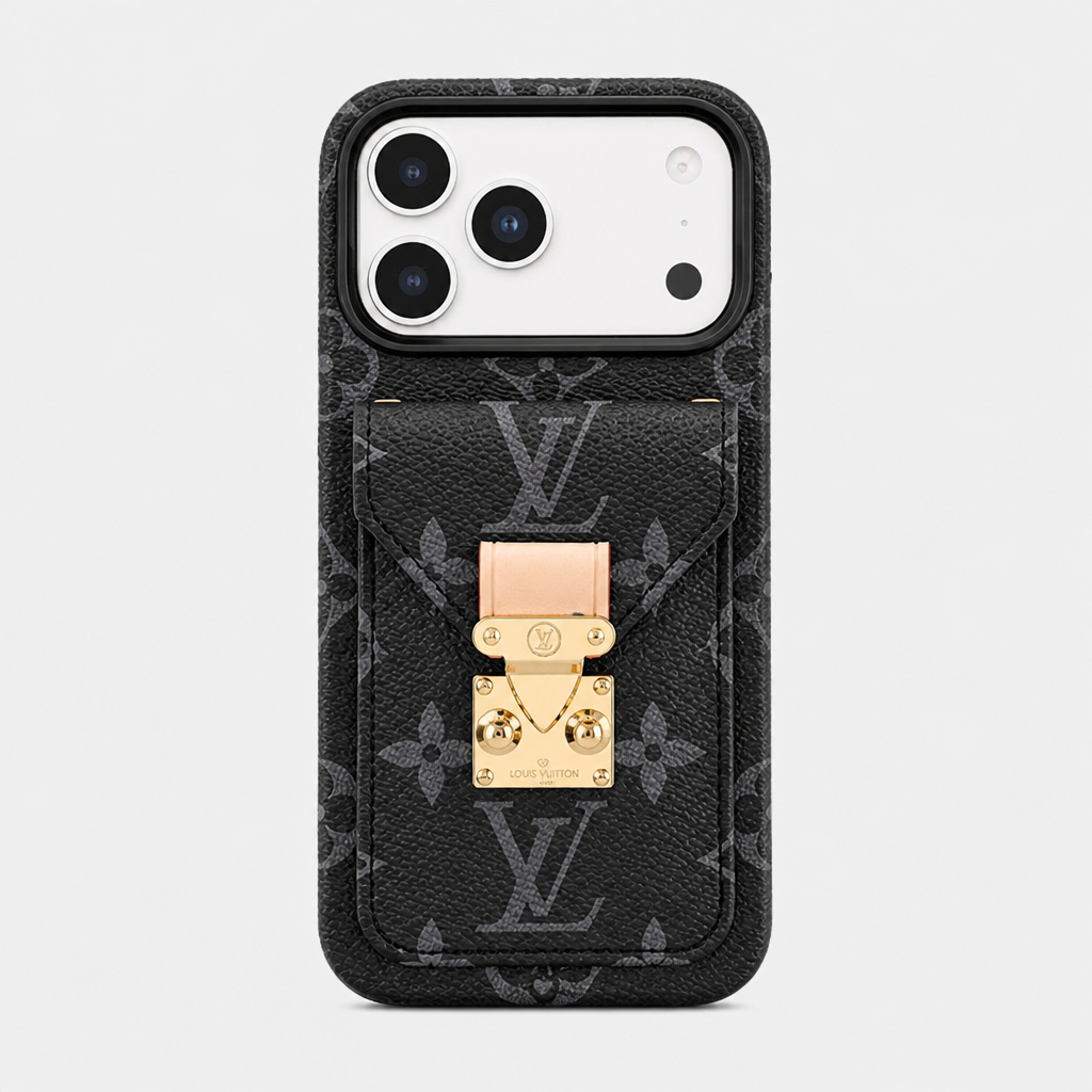 Black Floral Monogram with Gold-Tone Clasp — front view.