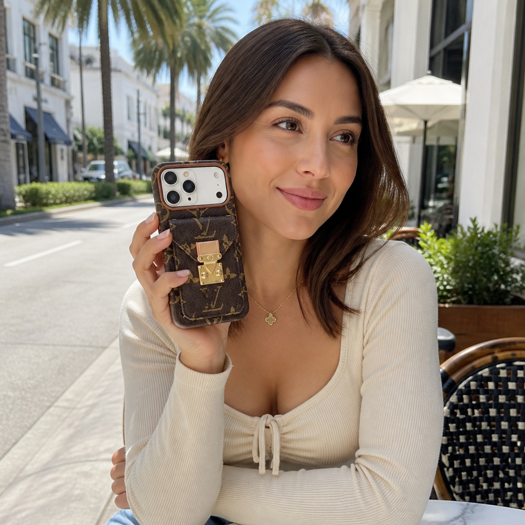 Brown Floral Monogram with Gold-Tone Clasp — lifestyle photo in Los Angeles.