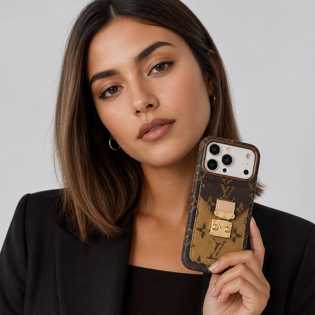 Tan & Brown Floral Monogram with Gold-Tone Clasp — studio model photo.