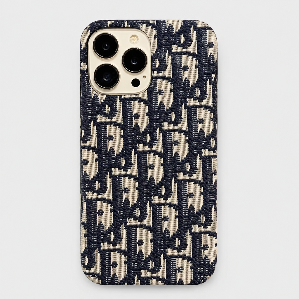 Navy blue repeating letter-monogram case — front view.