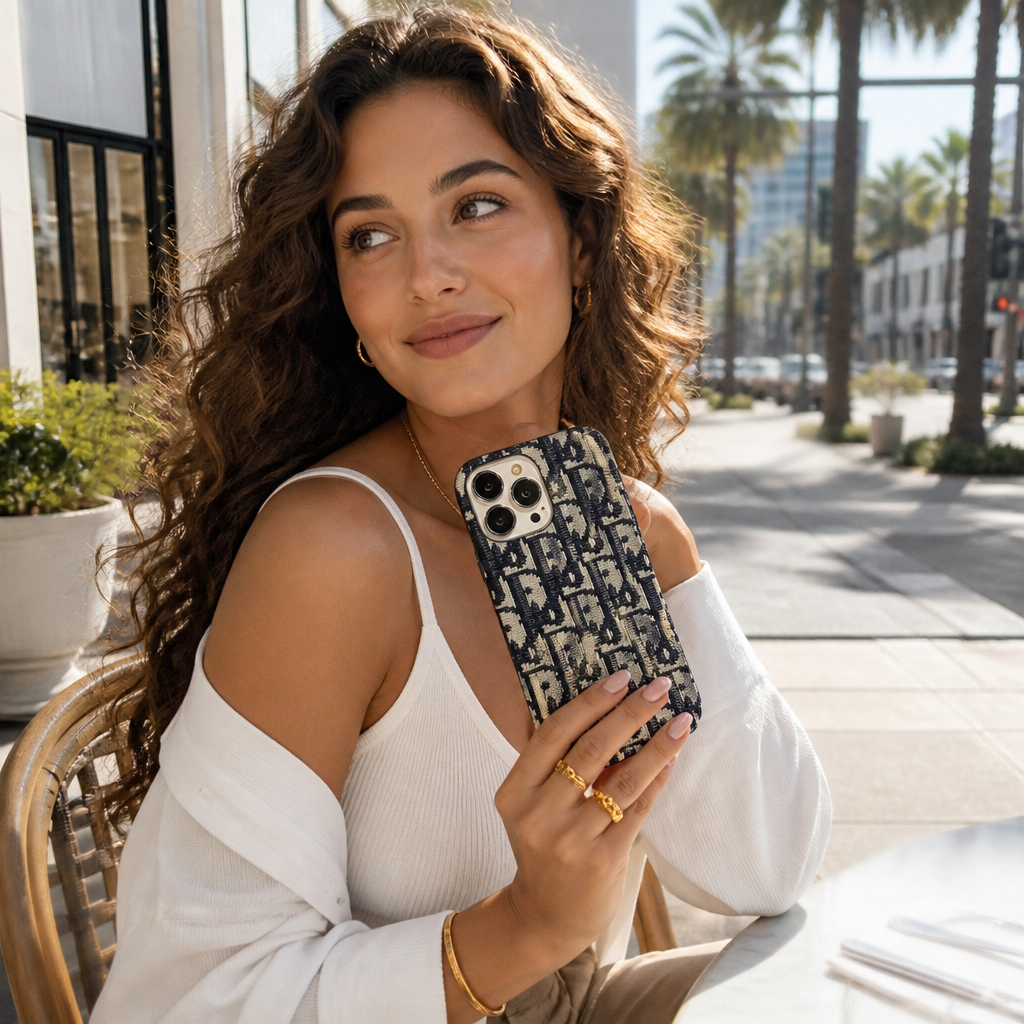 Navy blue repeating letter-monogram case — lifestyle photo in Los Angeles.