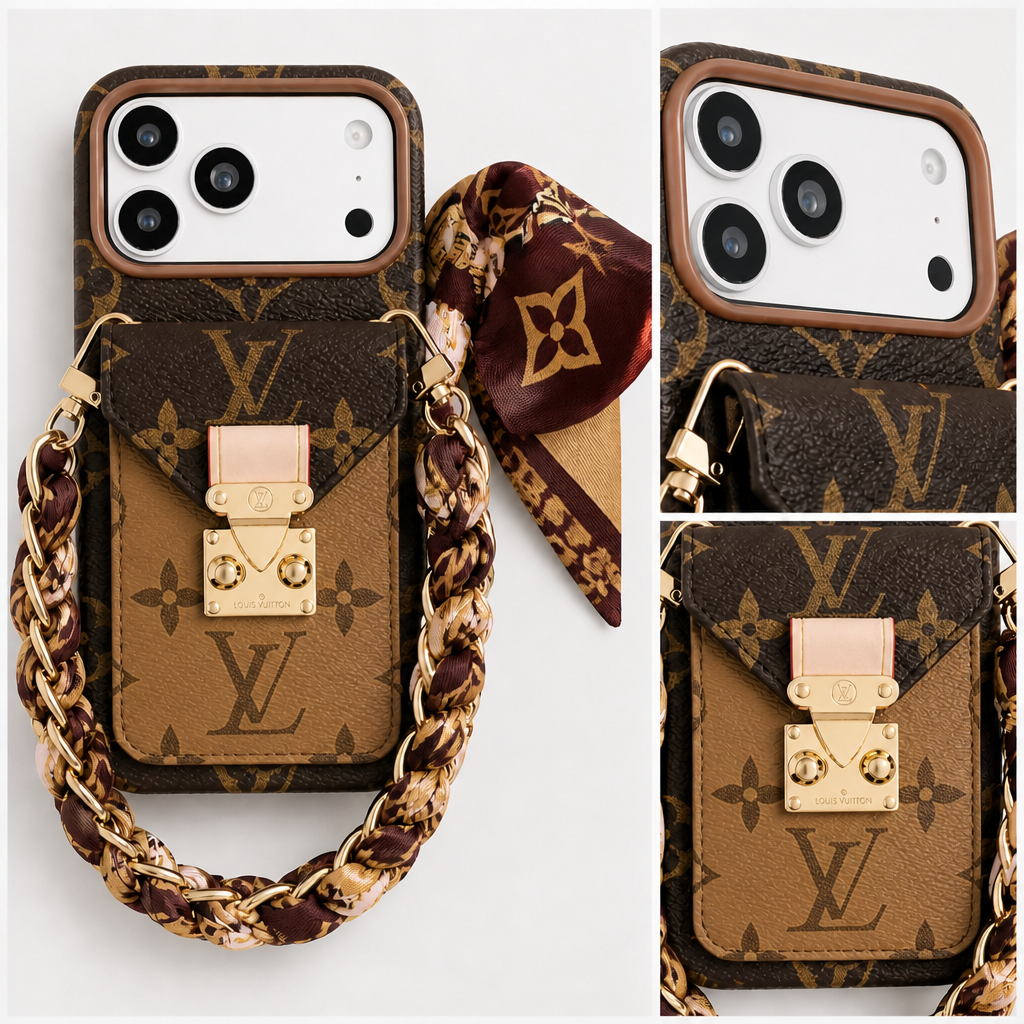 Brown Monogram / Burgundy Scarf — close-up details of material, pattern and hardware.