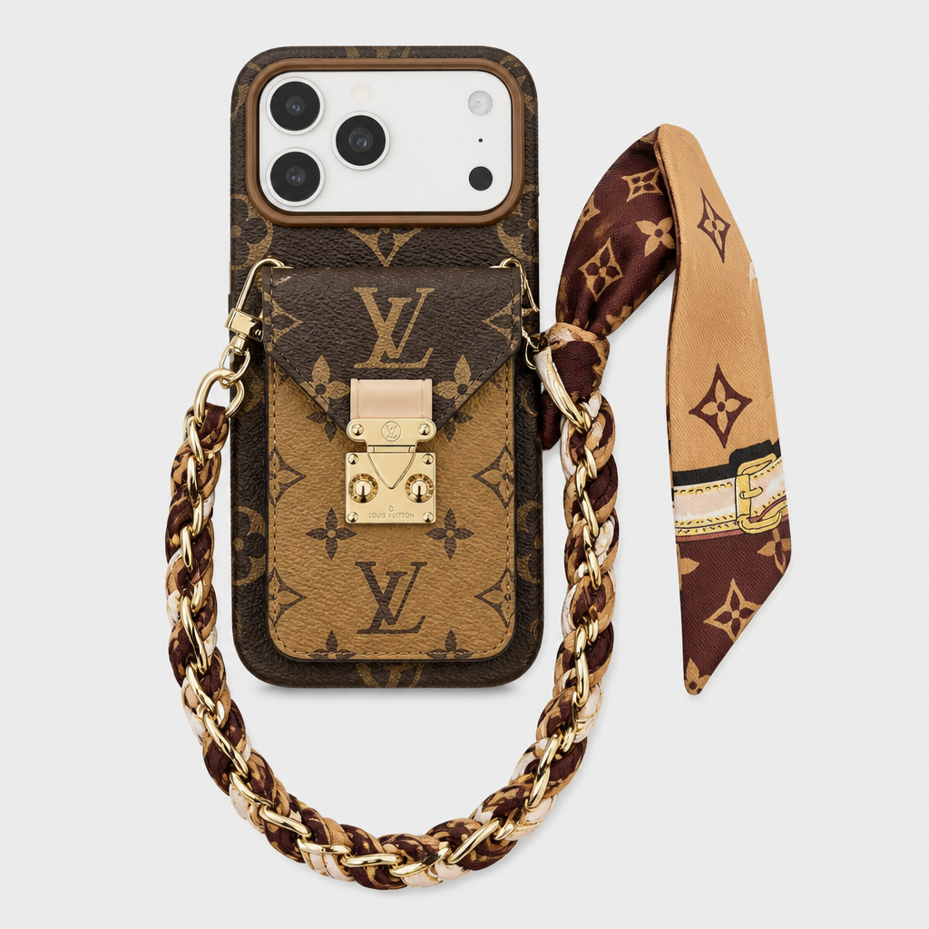 Tan Monogram / Printed Scarf — front view.