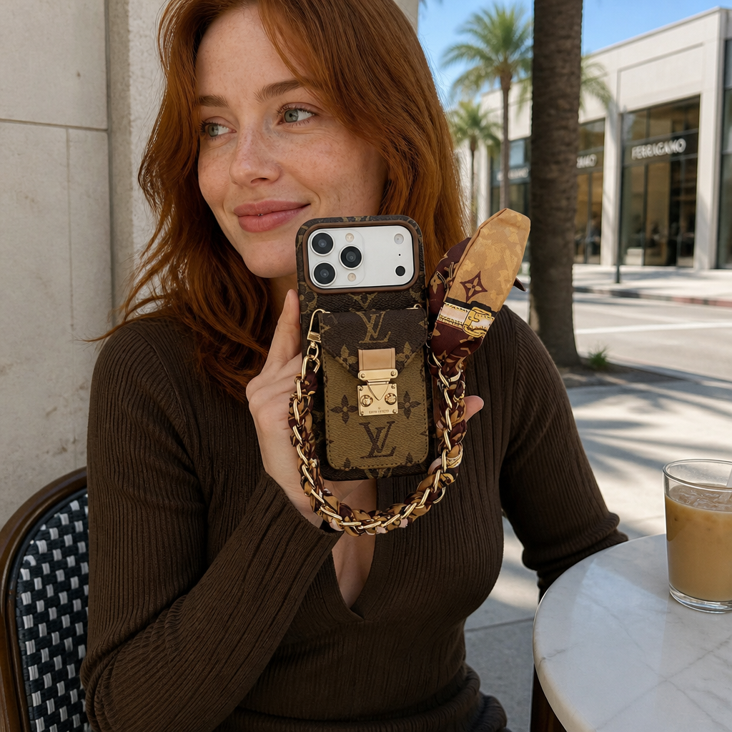 Tan Monogram / Printed Scarf — lifestyle photo in Los Angeles.