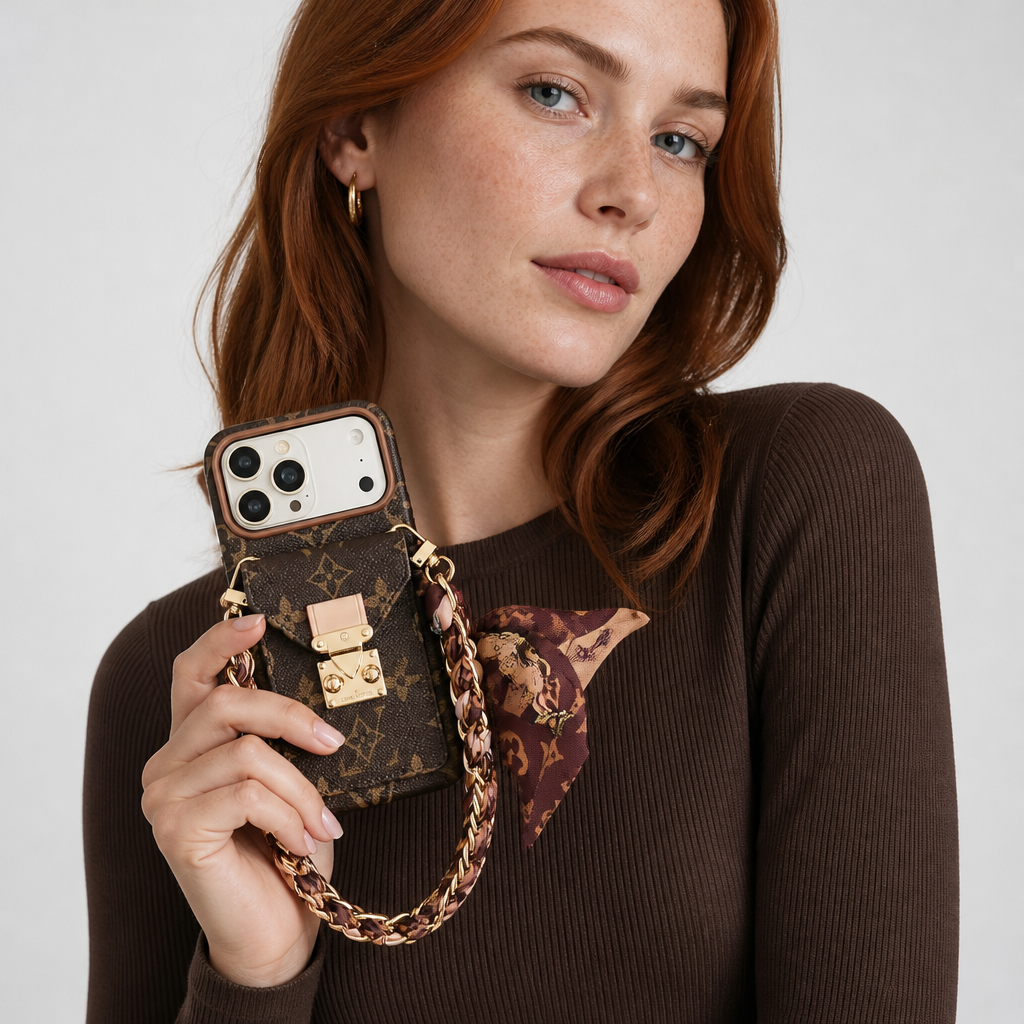Brown Monogram / Burgundy Scarf — studio model photo.