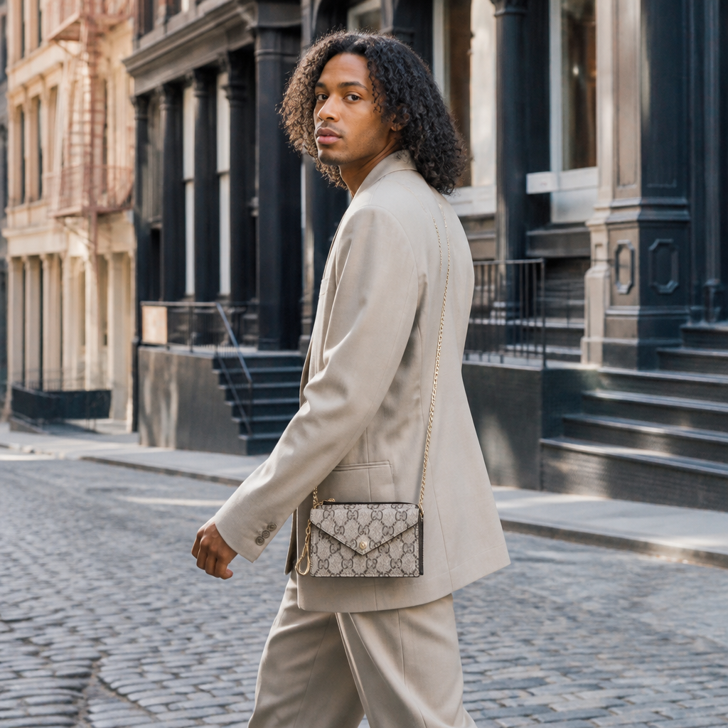 Taupe Repeating G Pattern with Gold Hook — lifestyle photo in New York City.