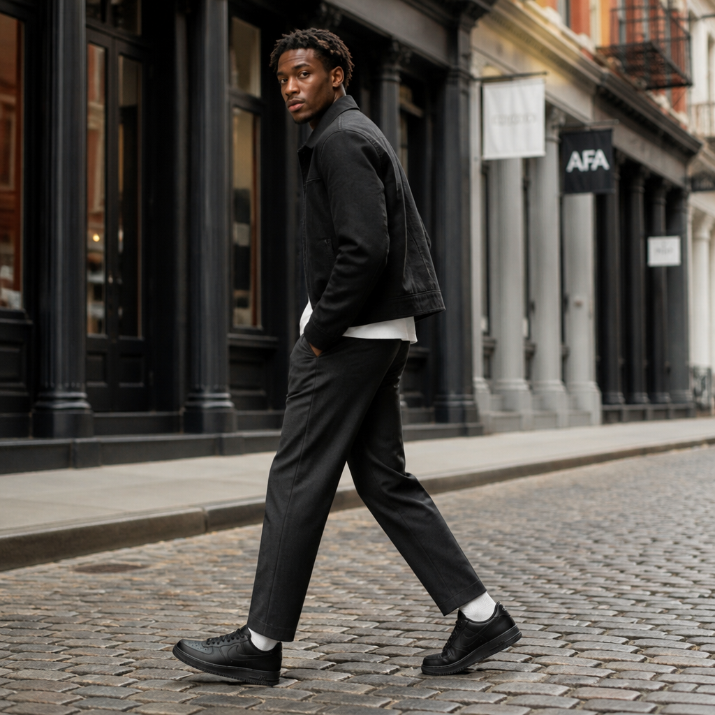Black paneled low-top sneaker — lifestyle photo in New York City.