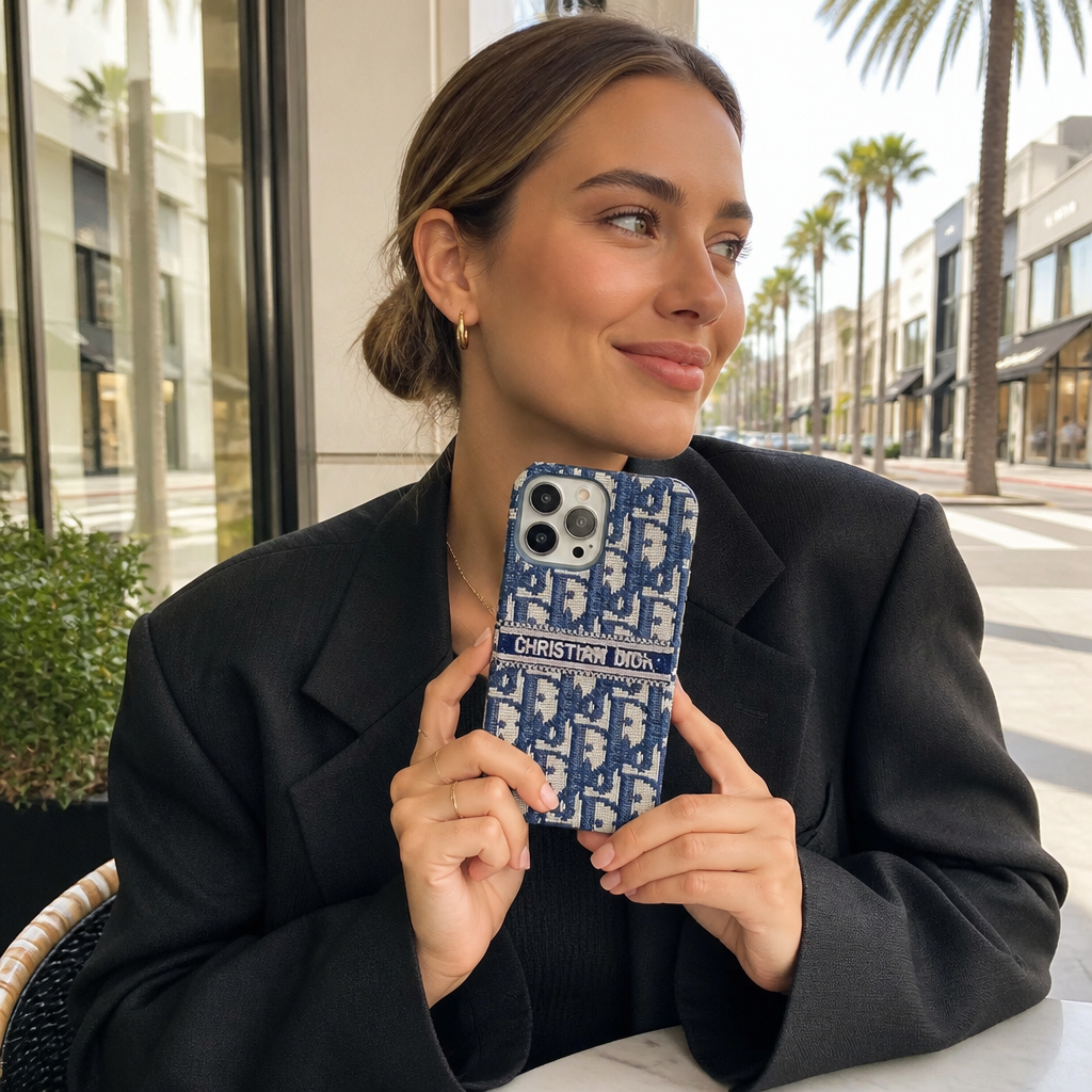 Blue & Gray Letter-Pattern Case — lifestyle photo in Los Angeles.