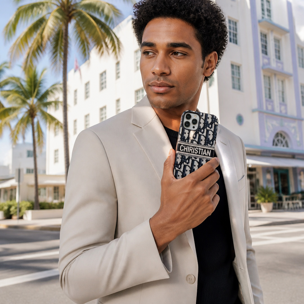 Black & Gray Letter-Pattern Case — lifestyle photo in Miami.