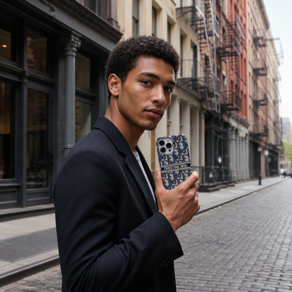 Blue & Gray Letter-Pattern Case — lifestyle photo in New York City.