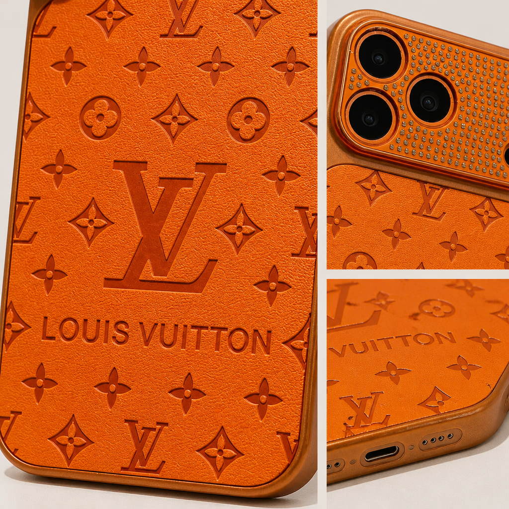 Orange — close-up details of material, pattern and hardware.