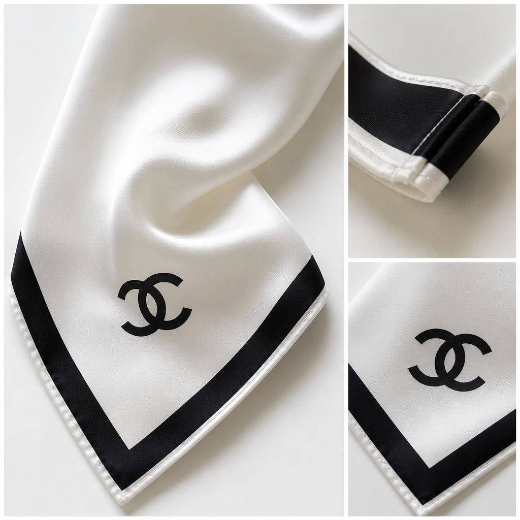 White with black border & interlocking print — close-up details of material, pattern and hardware.