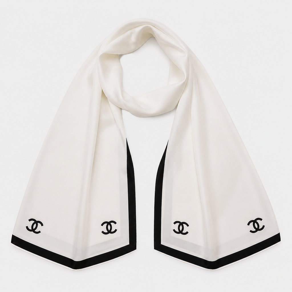 White with black border & interlocking print — front view.