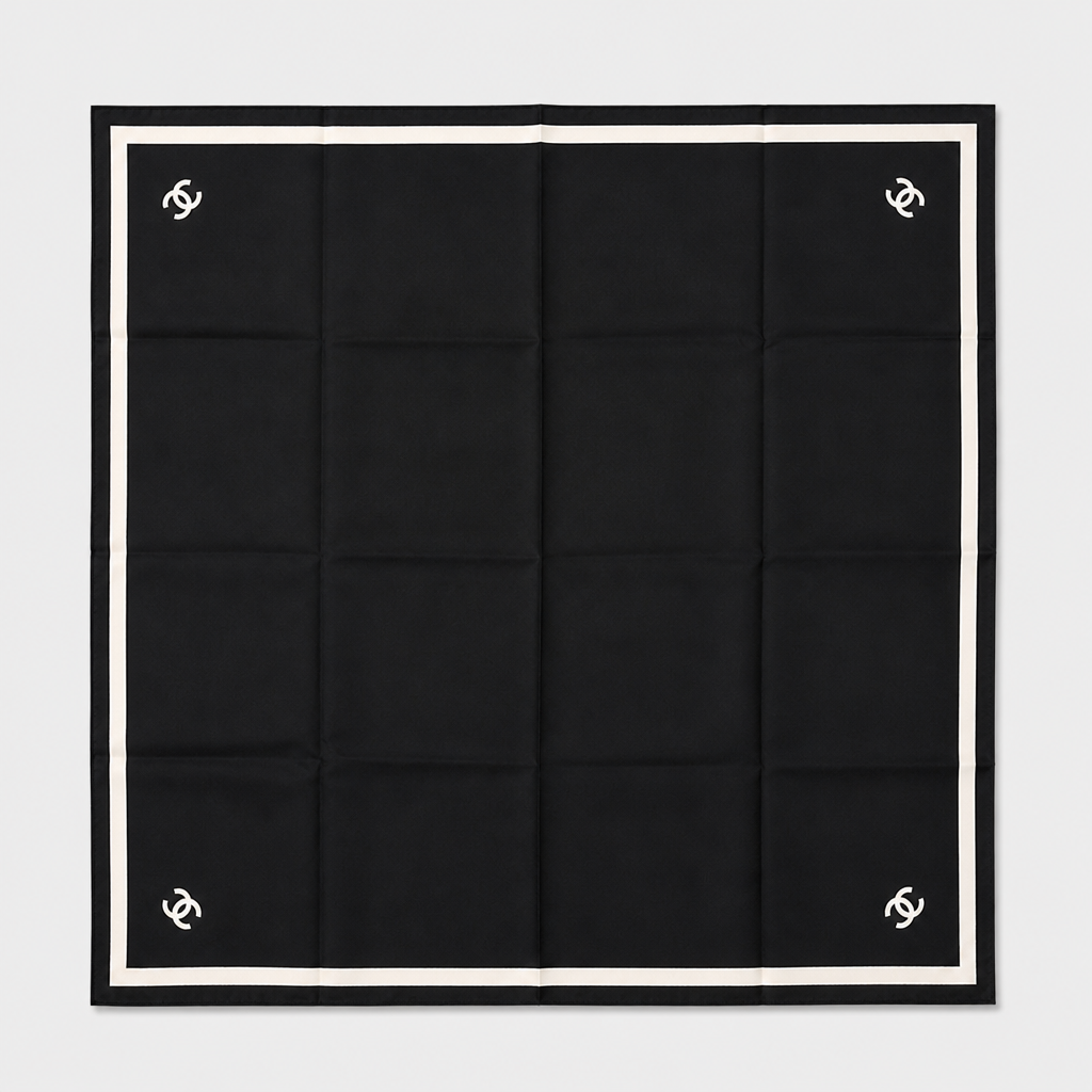Black with ivory border & interlocking print — front view.