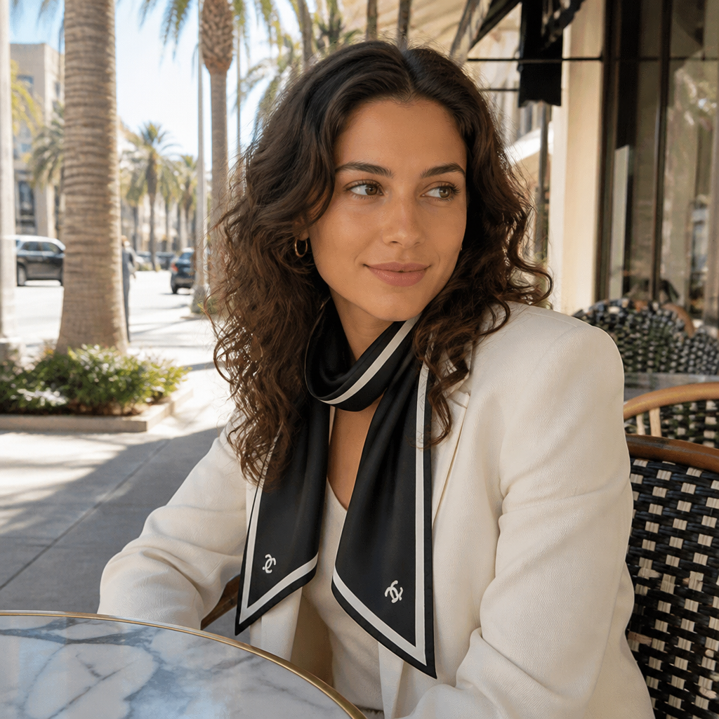 Black with ivory border & interlocking print — lifestyle photo in Los Angeles.