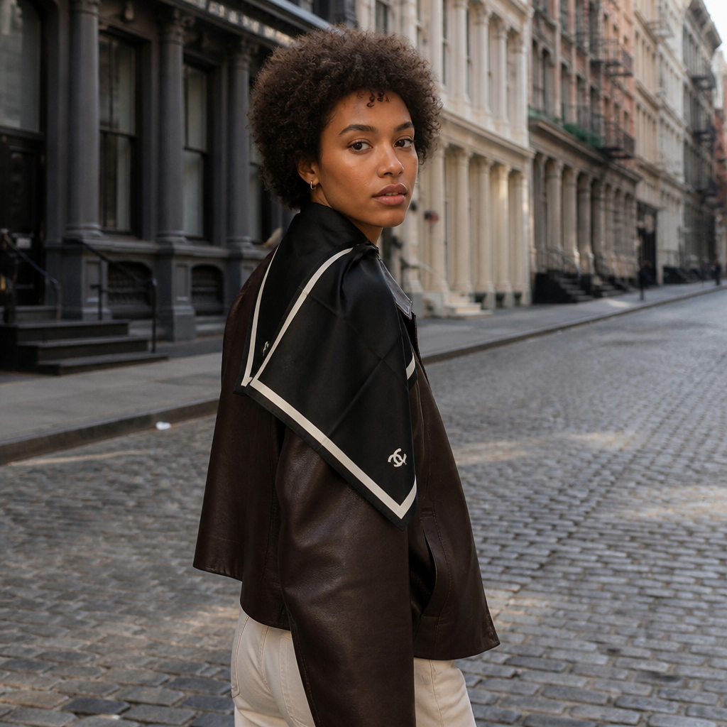 Black with ivory border & interlocking print — lifestyle photo in New York City.