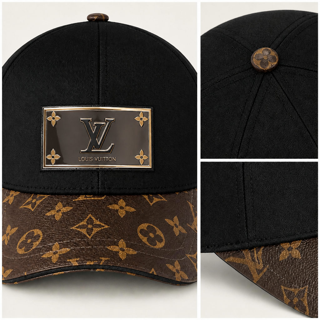 Black Plaque & Patterned Brim — close-up details of material, pattern and hardware.