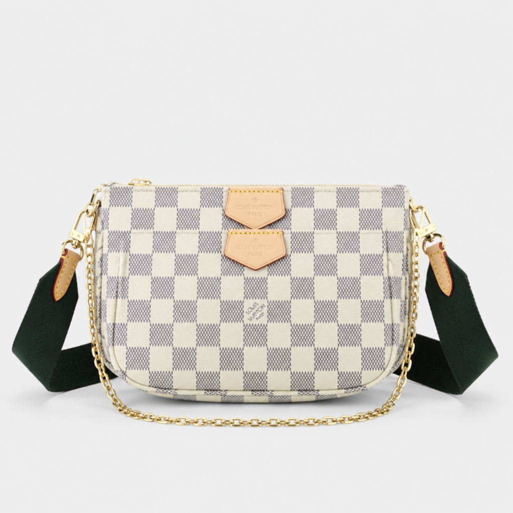 Cream/light gray checker, green-black strap — front view.
