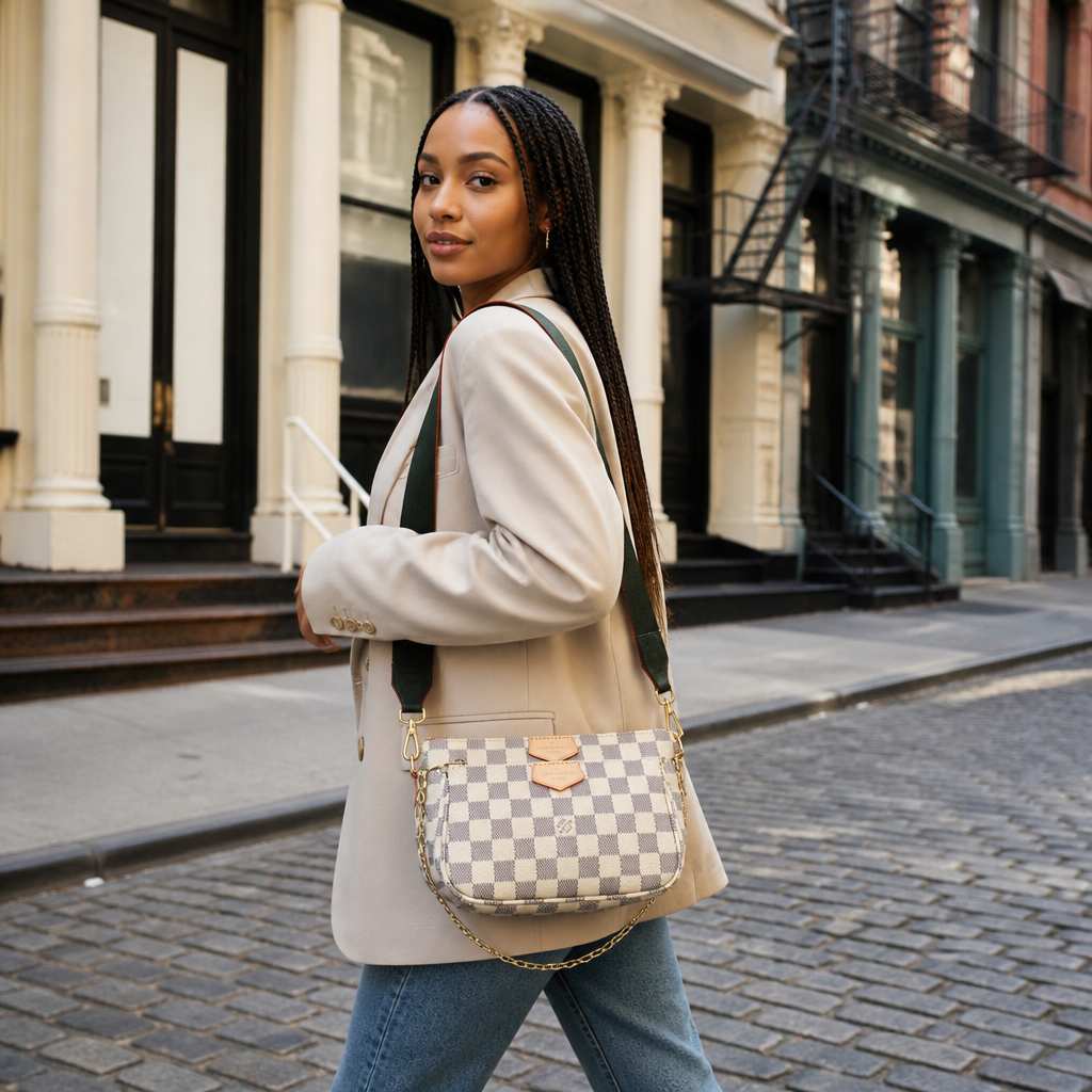 Cream/light gray checker, green-black strap — lifestyle photo in New York City.