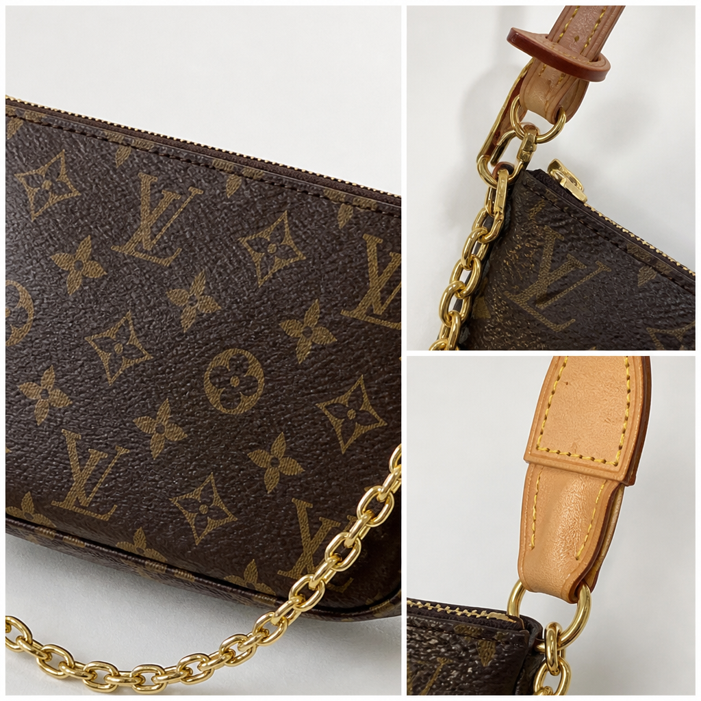 Dark brown monogram, brown strap — close-up details of material, pattern and hardware.