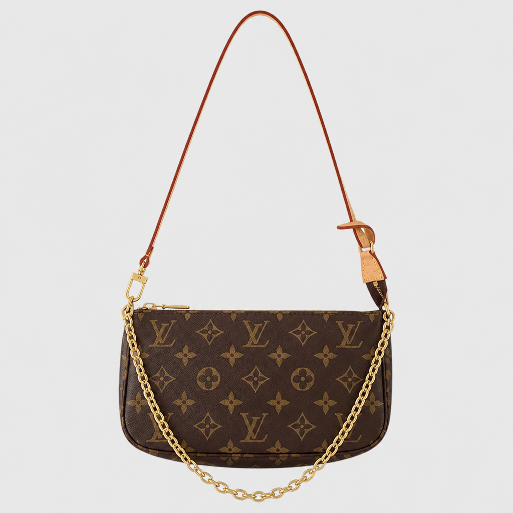 Dark brown monogram, brown strap — front view.