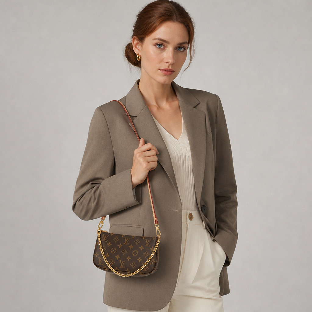 Dark brown monogram, brown strap — studio model photo.