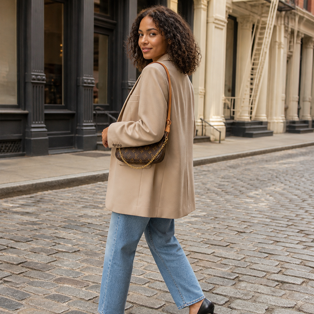 Dark brown monogram, brown strap — lifestyle photo in New York City.