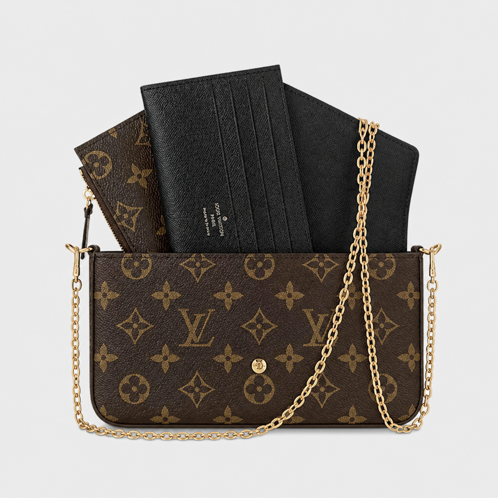 Brown monogram with black inserts — front view.