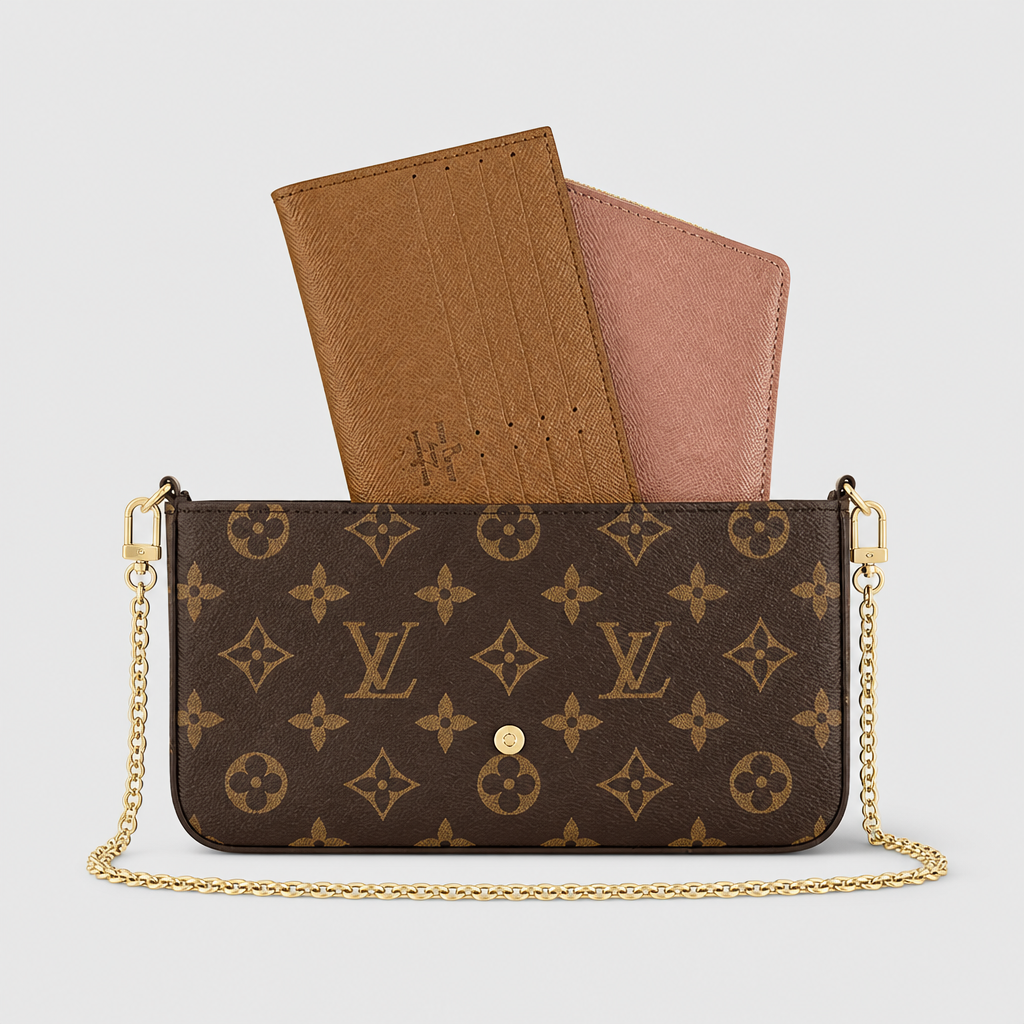 Brown monogram with tan and dusty pink inserts — front view.