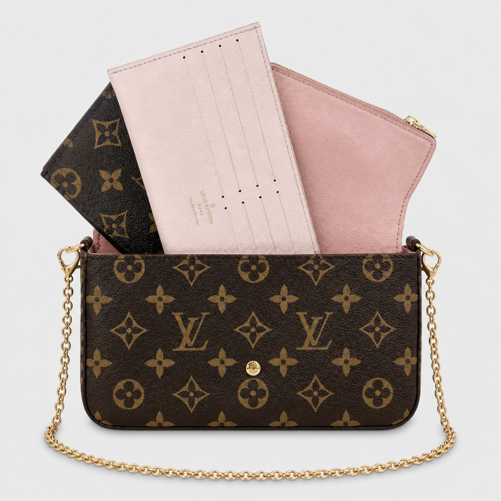 Brown monogram with pale pink and pink inserts — front view.
