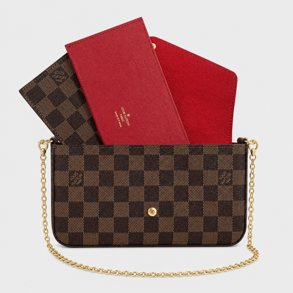 Brown checker with red and dark inserts — front view.