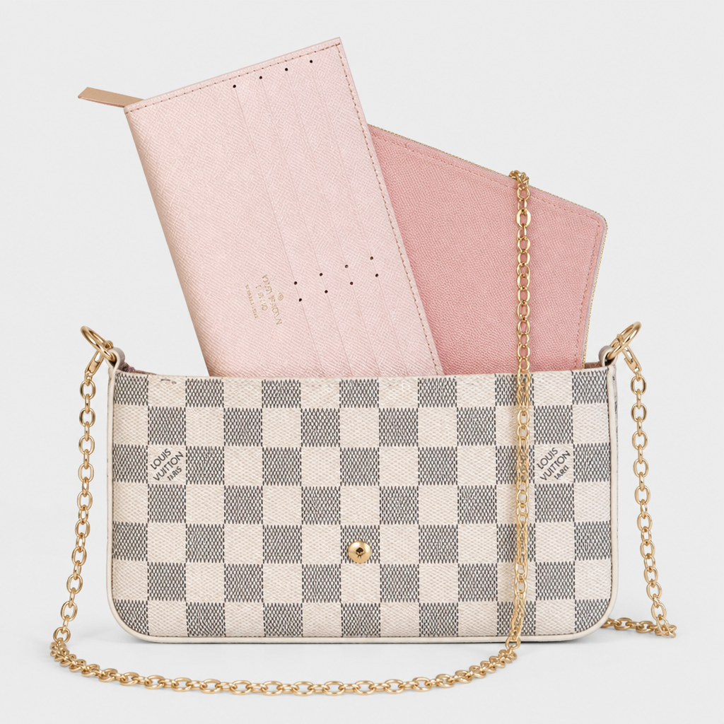 Light checker with pale pink and pink inserts — front view.