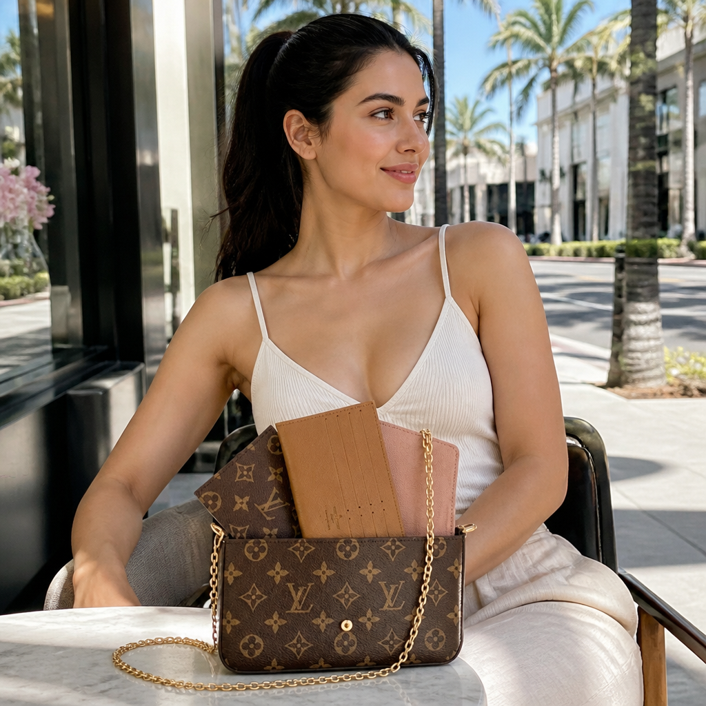 Brown monogram with tan and dusty pink inserts — lifestyle photo in Los Angeles.