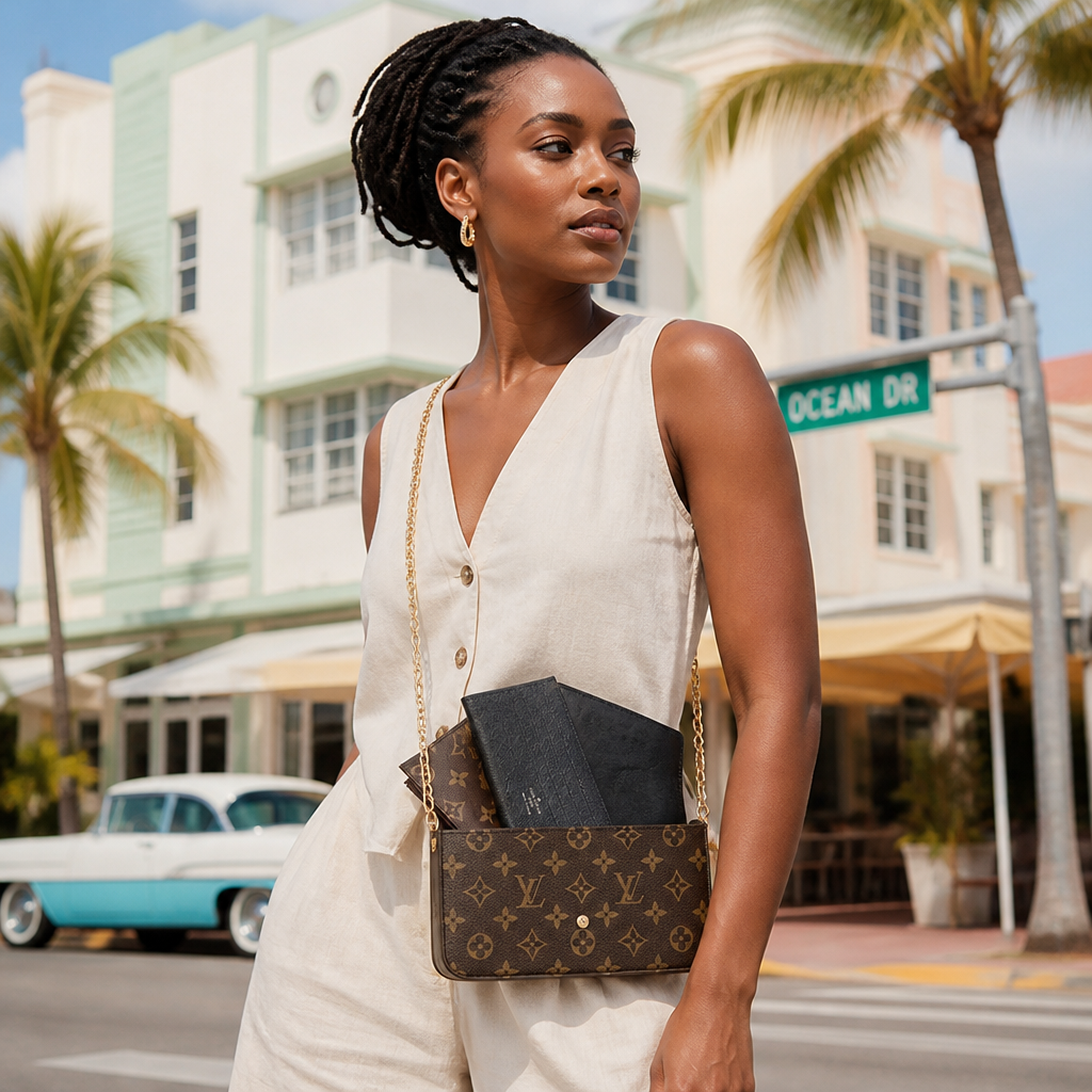 Brown monogram with black inserts — lifestyle photo in Miami.