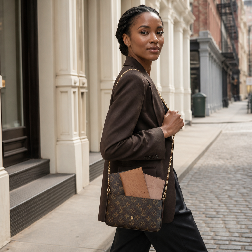 Brown monogram with tan and dusty pink inserts — lifestyle photo in New York City.