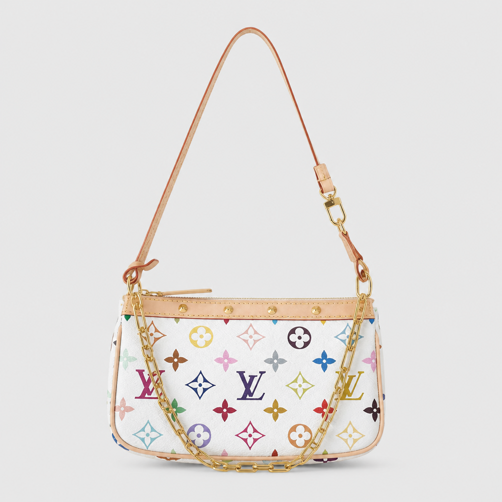 White multicolor monogram — front view.