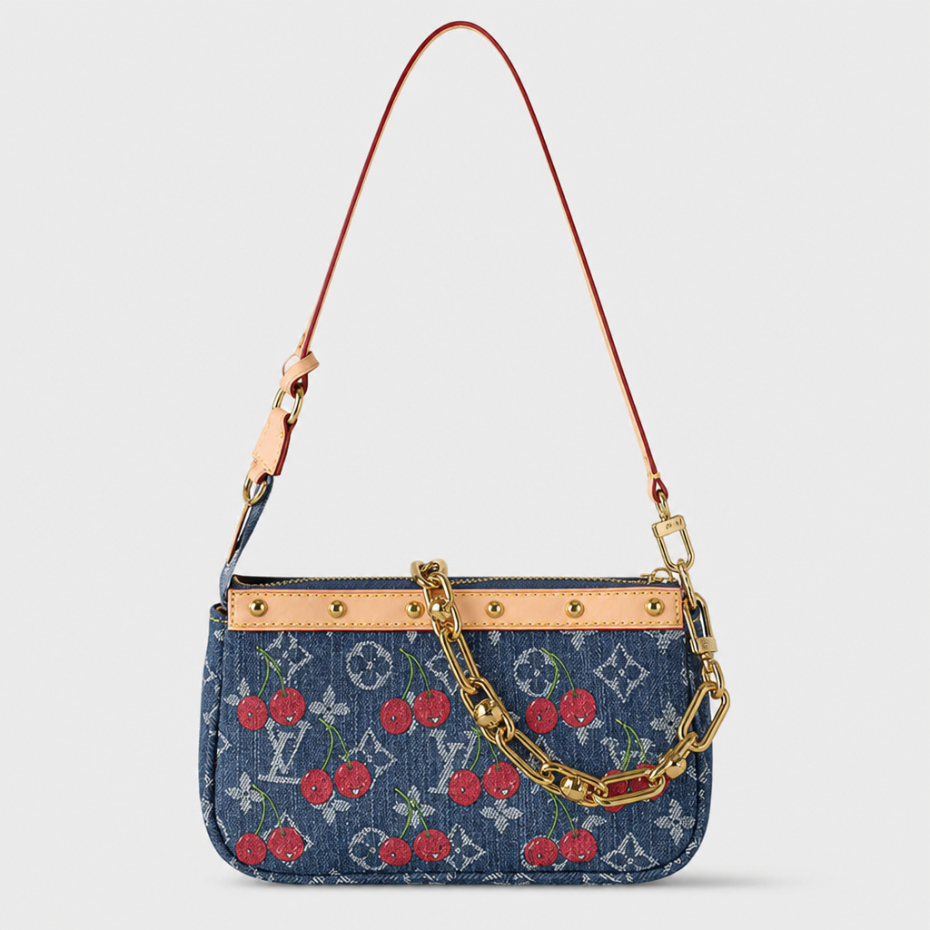 Blue denim-look cherry print — front view.