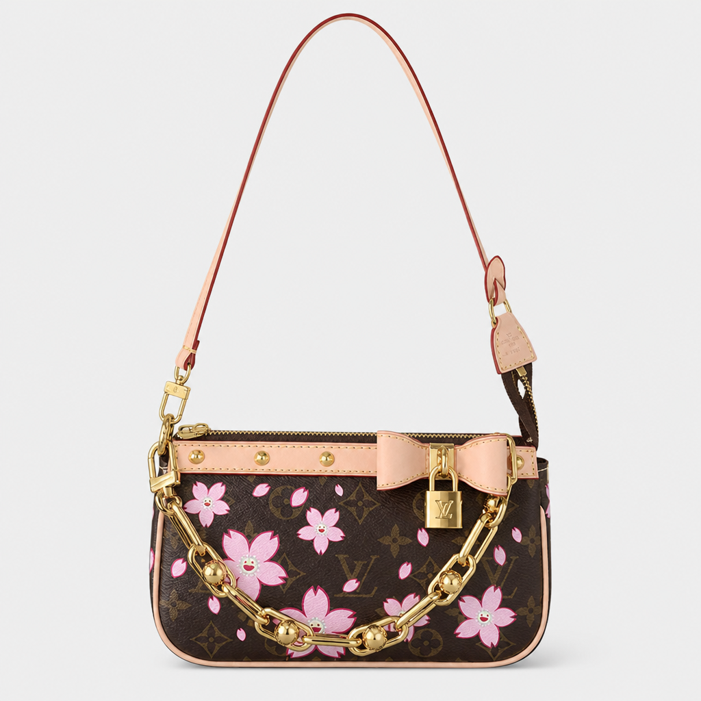 Dark brown pink-flower print — front view.