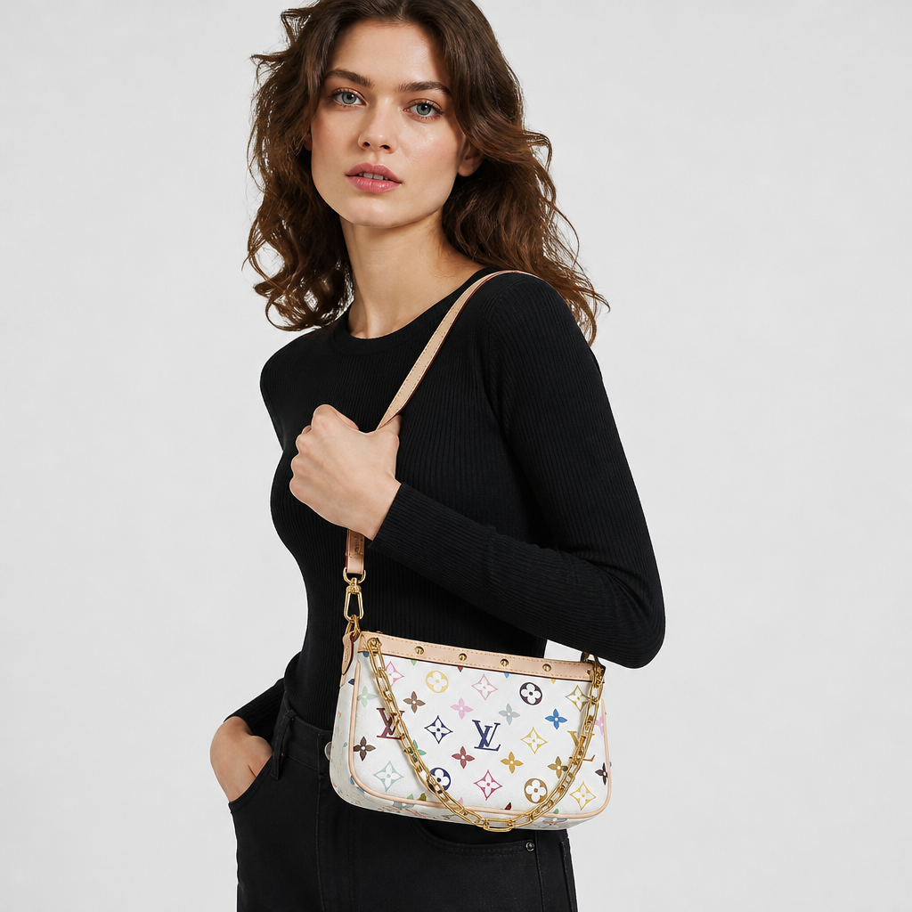 White multicolor monogram — studio model photo.
