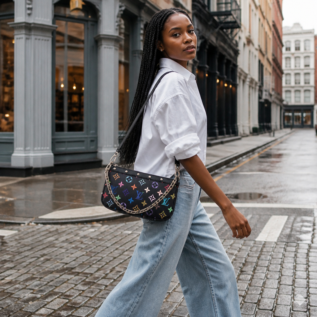 Black multicolor monogram — lifestyle photo in New York City.