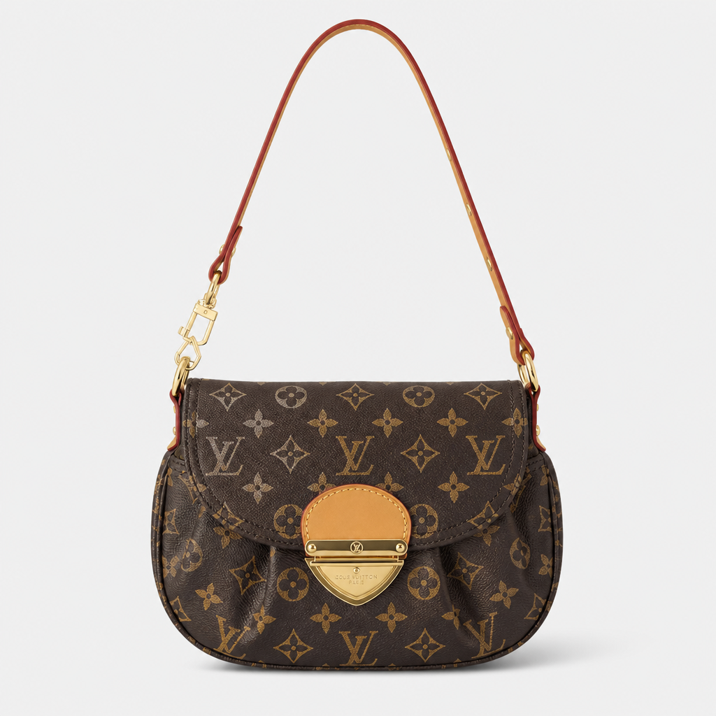 Brown monogram with tan front tab — front view.