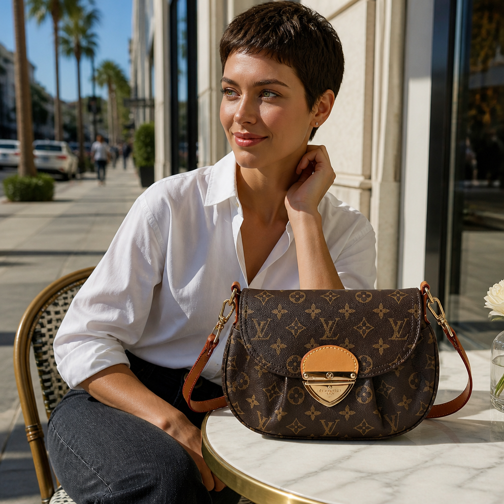 Brown monogram with tan front tab — lifestyle photo in Los Angeles.