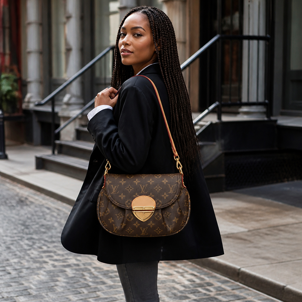 Brown monogram with tan front tab — lifestyle photo in New York City.