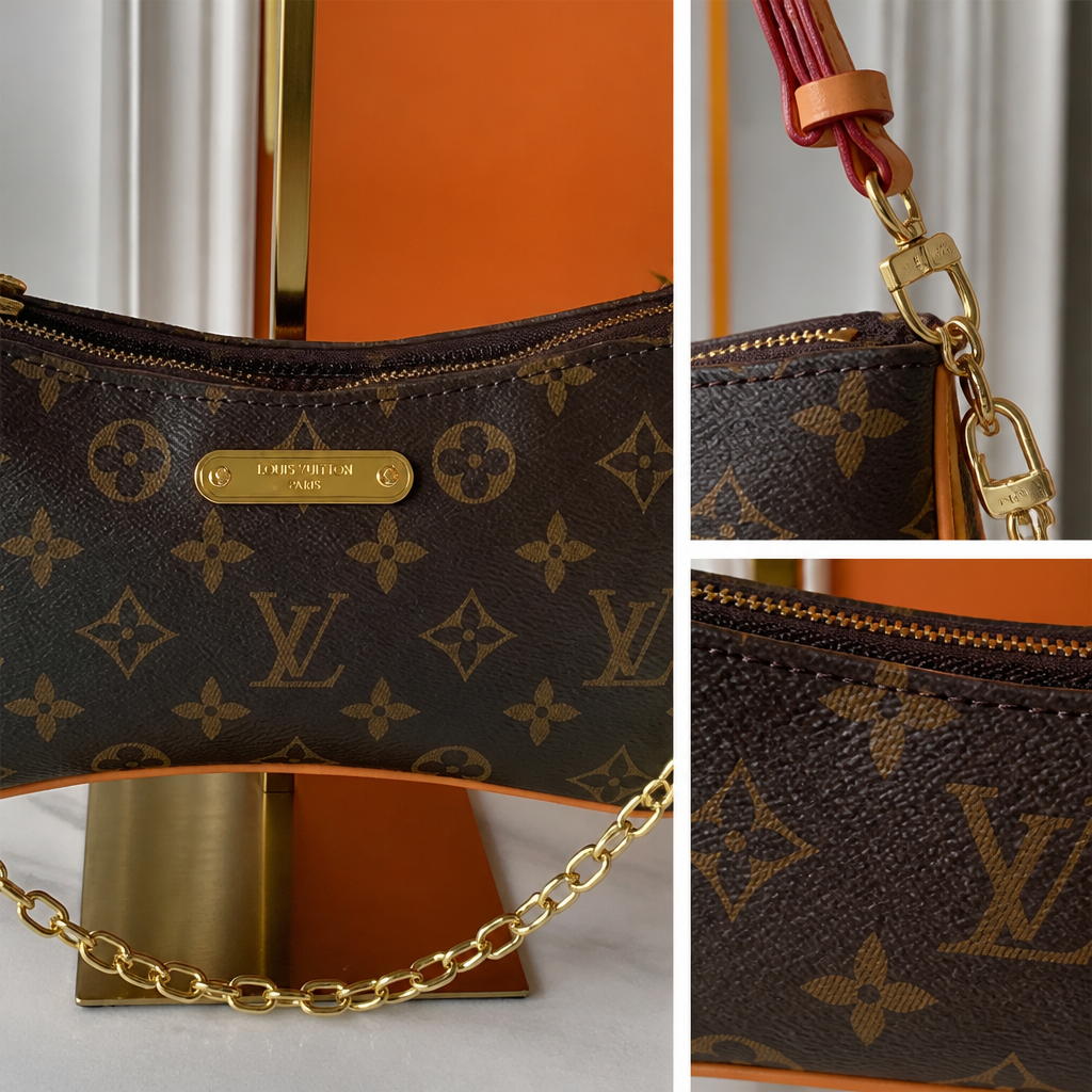 Brown monogram — close-up details of material, pattern and hardware.