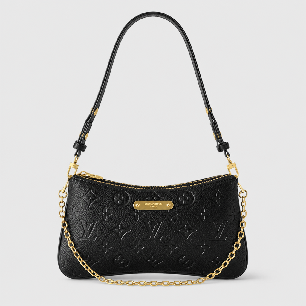 Black embossed monogram — front view.