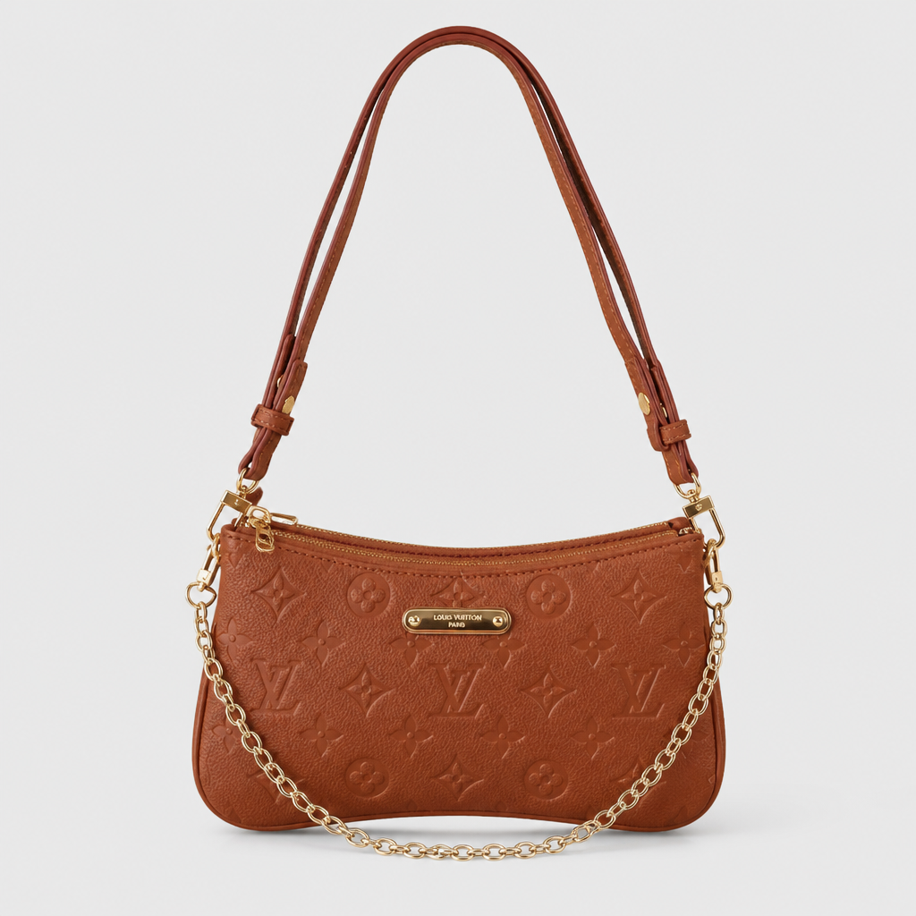 Tan embossed monogram — front view.