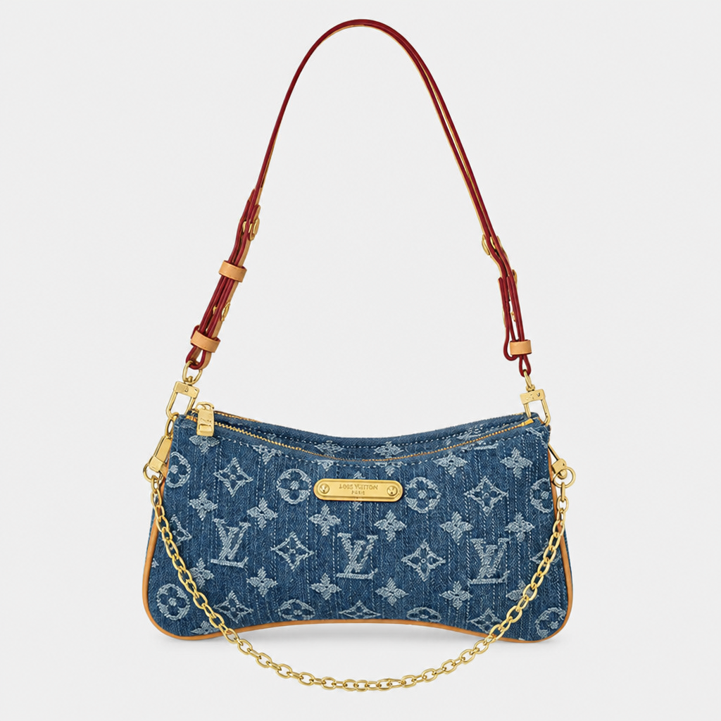 Blue denim-like monogram — front view.