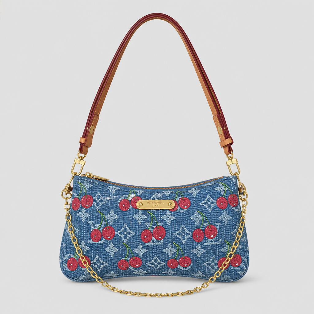 Blue denim-like cherry print — front view.
