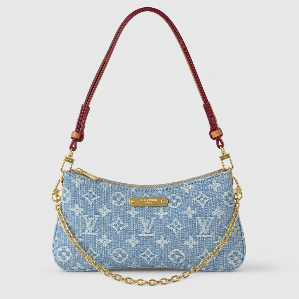 Pale blue denim-like monogram — front view.